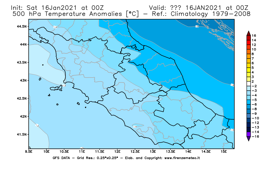 Mappa di analisi GFS - Anomalia Temperatura [°C] a 500 hPa in Centro-Italia
							del 16/01/2021 00 <!--googleoff: index-->UTC<!--googleon: index-->