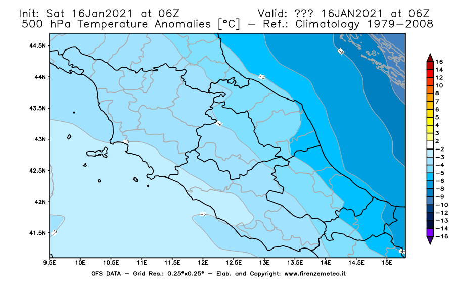Mappa di analisi GFS - Anomalia Temperatura [°C] a 500 hPa in Centro-Italia
							del 16/01/2021 06 <!--googleoff: index-->UTC<!--googleon: index-->