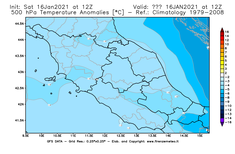 Mappa di analisi GFS - Anomalia Temperatura [°C] a 500 hPa in Centro-Italia
							del 16/01/2021 12 <!--googleoff: index-->UTC<!--googleon: index-->