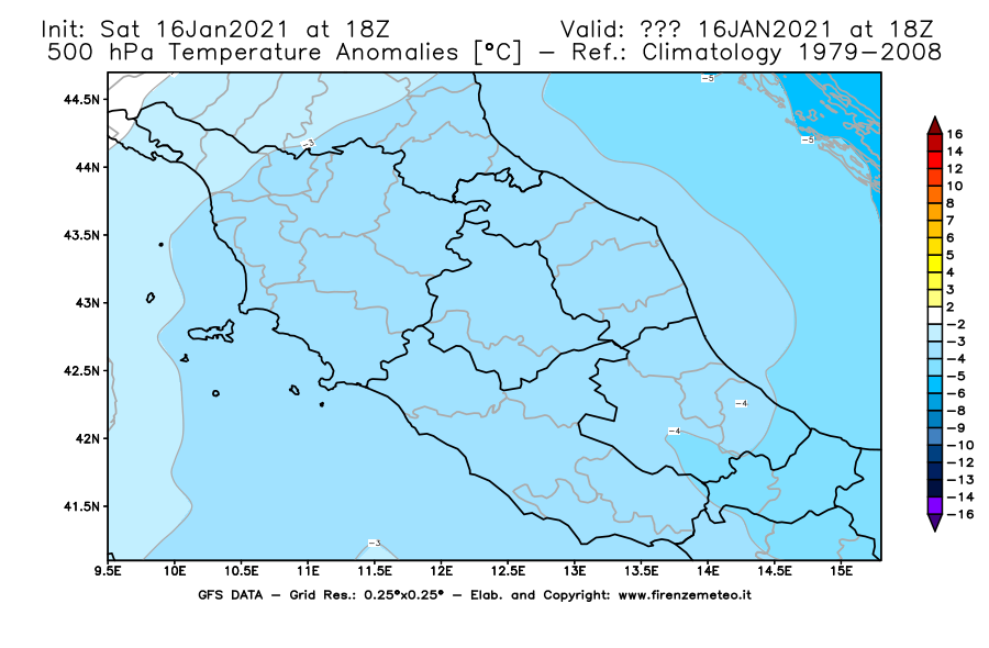 Mappa di analisi GFS - Anomalia Temperatura [°C] a 500 hPa in Centro-Italia
							del 16/01/2021 18 <!--googleoff: index-->UTC<!--googleon: index-->
