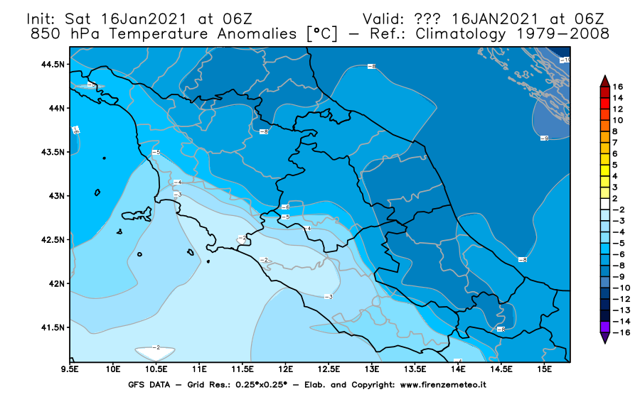 Mappa di analisi GFS - Anomalia Temperatura [°C] a 850 hPa in Centro-Italia
							del 16/01/2021 06 <!--googleoff: index-->UTC<!--googleon: index-->