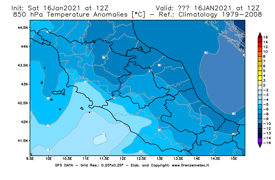 Mappa di analisi GFS - Anomalia Temperatura [°C] a 850 hPa in Centro-Italia
							del 16/01/2021 12 <!--googleoff: index-->UTC<!--googleon: index-->