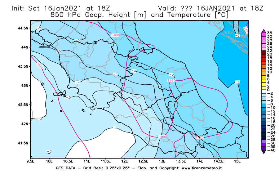 Mappa di analisi GFS - Geopotenziale [m] e Temperatura [°C] a 850 hPa in Centro-Italia
							del 16/01/2021 18 <!--googleoff: index-->UTC<!--googleon: index-->
