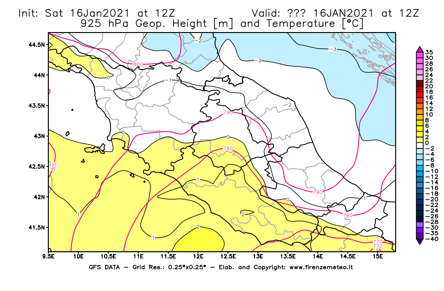 Mappa di analisi GFS - Geopotenziale [m] e Temperatura [°C] a 925 hPa in Centro-Italia
							del 16/01/2021 12 <!--googleoff: index-->UTC<!--googleon: index-->