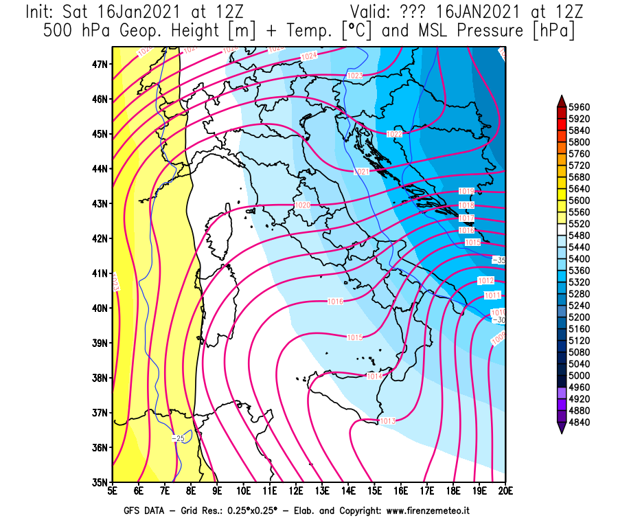 Mappa di analisi GFS - Geopotenziale [m] + Temp. [°C] a 500 hPa + Press. a livello del mare [hPa] in Italia
							del 16/01/2021 12 <!--googleoff: index-->UTC<!--googleon: index-->