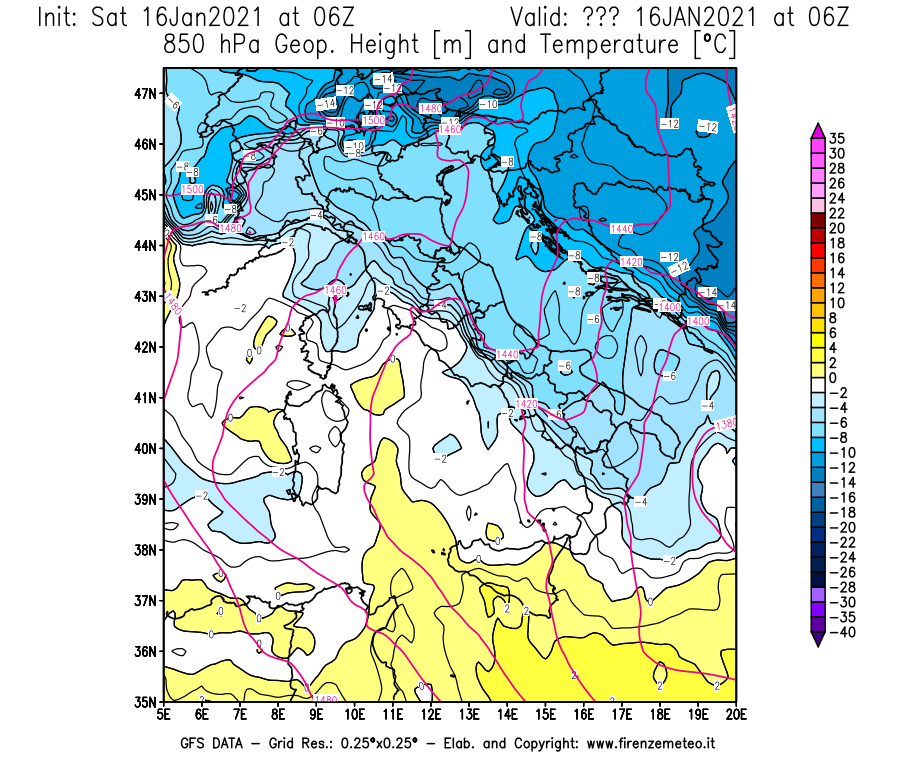 Mappa di analisi GFS - Geopotenziale [m] e Temperatura [°C] a 850 hPa in Italia
							del 16/01/2021 06 <!--googleoff: index-->UTC<!--googleon: index-->