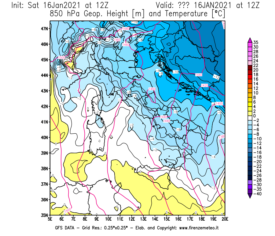 Mappa di analisi GFS - Geopotenziale [m] e Temperatura [°C] a 850 hPa in Italia
							del 16/01/2021 12 <!--googleoff: index-->UTC<!--googleon: index-->