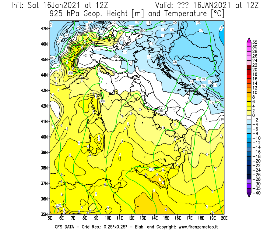 Mappa di analisi GFS - Geopotenziale [m] e Temperatura [°C] a 925 hPa in Italia
							del 16/01/2021 12 <!--googleoff: index-->UTC<!--googleon: index-->