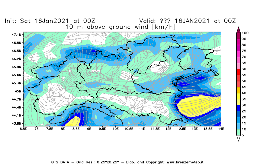 Mappa di analisi GFS - Velocità del vento a 10 metri dal suolo [km/h] in Nord-Italia
							del 16/01/2021 00 <!--googleoff: index-->UTC<!--googleon: index-->