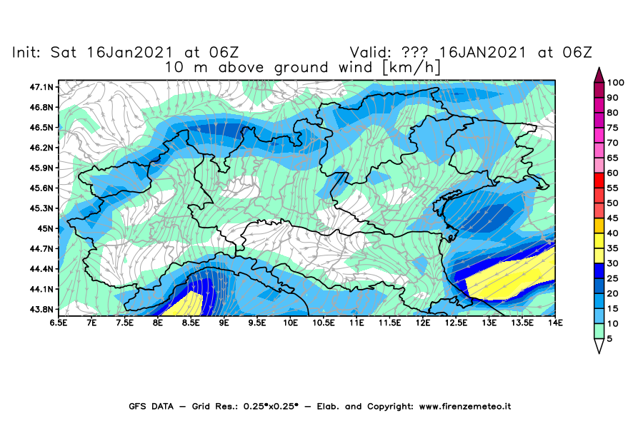 Mappa di analisi GFS - Velocità del vento a 10 metri dal suolo [km/h] in Nord-Italia
							del 16/01/2021 06 <!--googleoff: index-->UTC<!--googleon: index-->