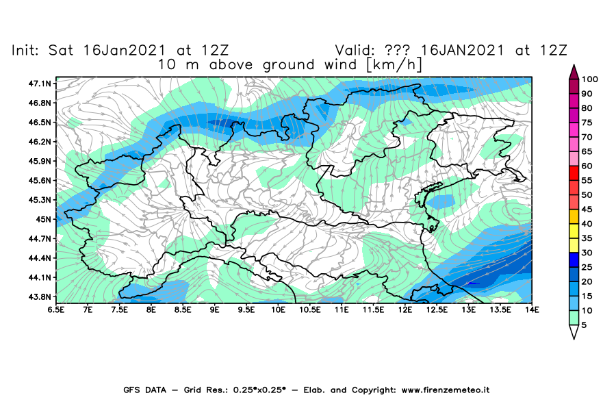 Mappa di analisi GFS - Velocità del vento a 10 metri dal suolo [km/h] in Nord-Italia
							del 16/01/2021 12 <!--googleoff: index-->UTC<!--googleon: index-->