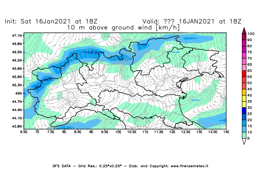 Mappa di analisi GFS - Velocità del vento a 10 metri dal suolo [km/h] in Nord-Italia
							del 16/01/2021 18 <!--googleoff: index-->UTC<!--googleon: index-->