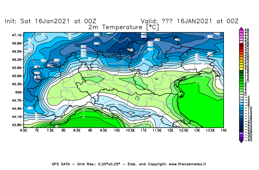 Mappa di analisi GFS - Temperatura a 2 metri dal suolo [°C] in Nord-Italia
							del 16/01/2021 00 <!--googleoff: index-->UTC<!--googleon: index-->