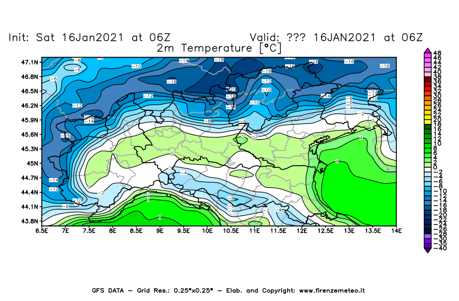 Mappa di analisi GFS - Temperatura a 2 metri dal suolo [°C] in Nord-Italia
							del 16/01/2021 06 <!--googleoff: index-->UTC<!--googleon: index-->