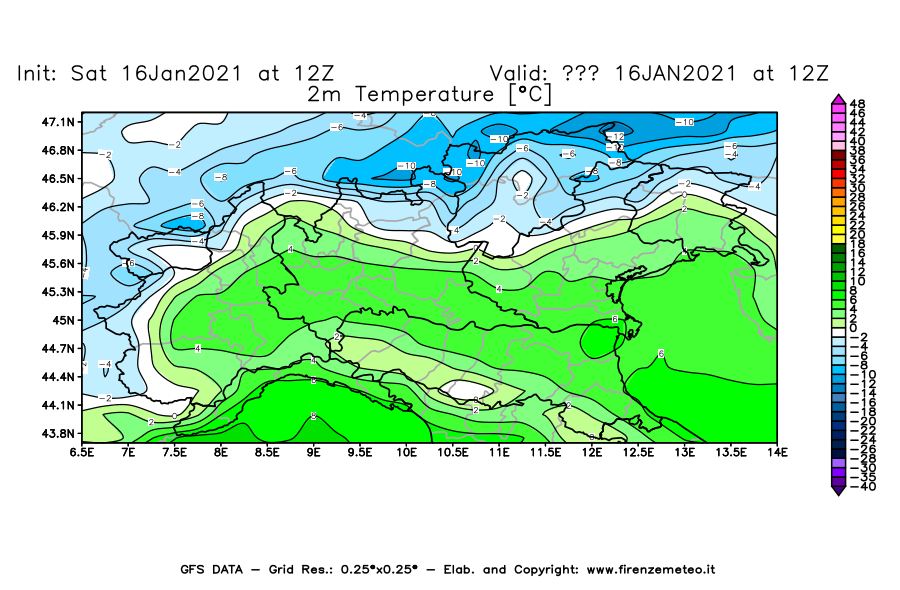 Mappa di analisi GFS - Temperatura a 2 metri dal suolo [°C] in Nord-Italia
							del 16/01/2021 12 <!--googleoff: index-->UTC<!--googleon: index-->