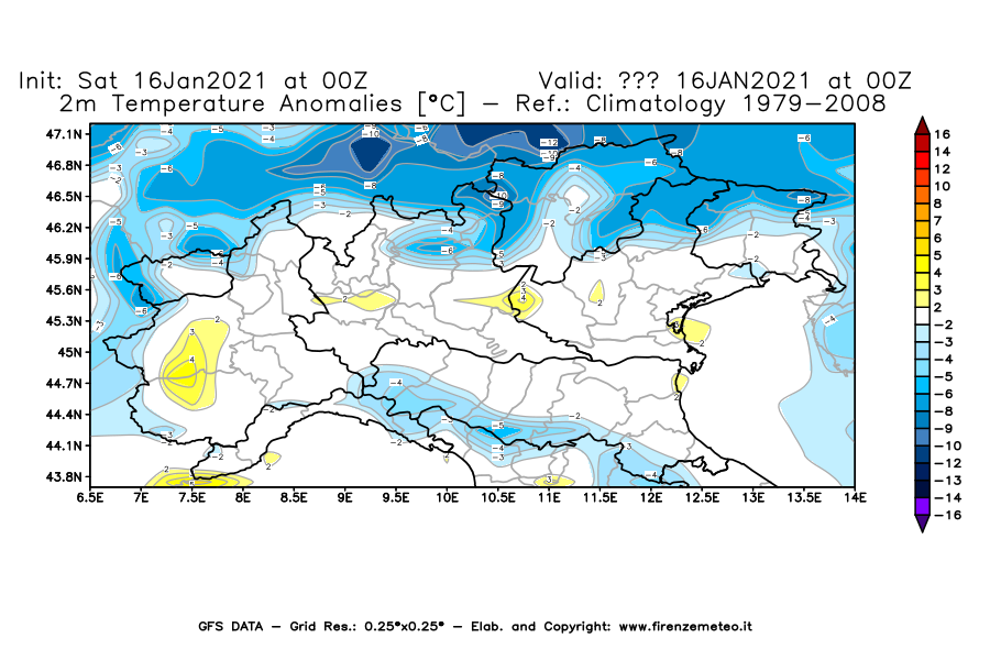 Mappa di analisi GFS - Anomalia Temperatura [°C] a 2 m in Nord-Italia
							del 16/01/2021 00 <!--googleoff: index-->UTC<!--googleon: index-->