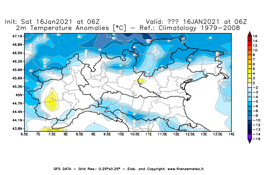 Mappa di analisi GFS - Anomalia Temperatura [°C] a 2 m in Nord-Italia
							del 16/01/2021 06 <!--googleoff: index-->UTC<!--googleon: index-->
