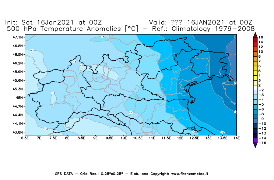 Mappa di analisi GFS - Anomalia Temperatura [°C] a 500 hPa in Nord-Italia
							del 16/01/2021 00 <!--googleoff: index-->UTC<!--googleon: index-->