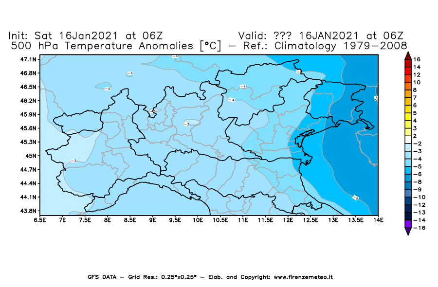 Mappa di analisi GFS - Anomalia Temperatura [°C] a 500 hPa in Nord-Italia
							del 16/01/2021 06 <!--googleoff: index-->UTC<!--googleon: index-->