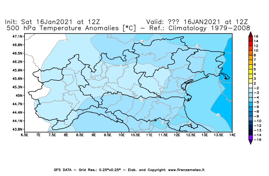 Mappa di analisi GFS - Anomalia Temperatura [°C] a 500 hPa in Nord-Italia
							del 16/01/2021 12 <!--googleoff: index-->UTC<!--googleon: index-->