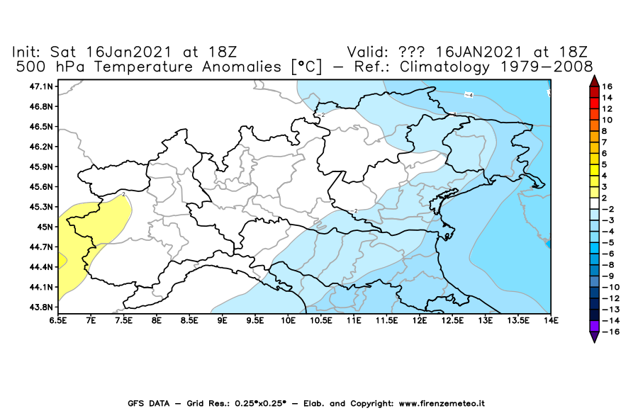 Mappa di analisi GFS - Anomalia Temperatura [°C] a 500 hPa in Nord-Italia
							del 16/01/2021 18 <!--googleoff: index-->UTC<!--googleon: index-->