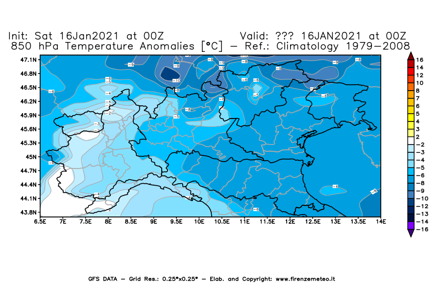Mappa di analisi GFS - Anomalia Temperatura [°C] a 850 hPa in Nord-Italia
							del 16/01/2021 00 <!--googleoff: index-->UTC<!--googleon: index-->