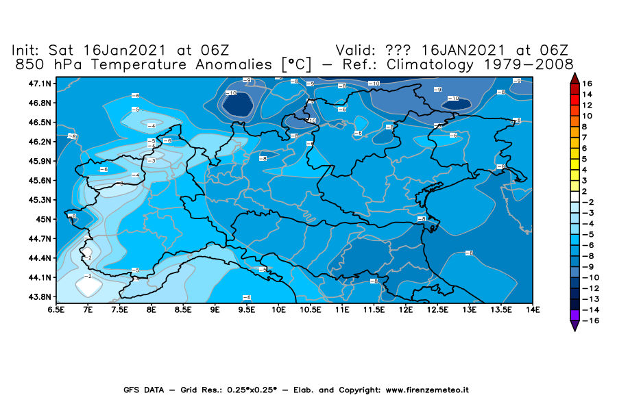 Mappa di analisi GFS - Anomalia Temperatura [°C] a 850 hPa in Nord-Italia
							del 16/01/2021 06 <!--googleoff: index-->UTC<!--googleon: index-->