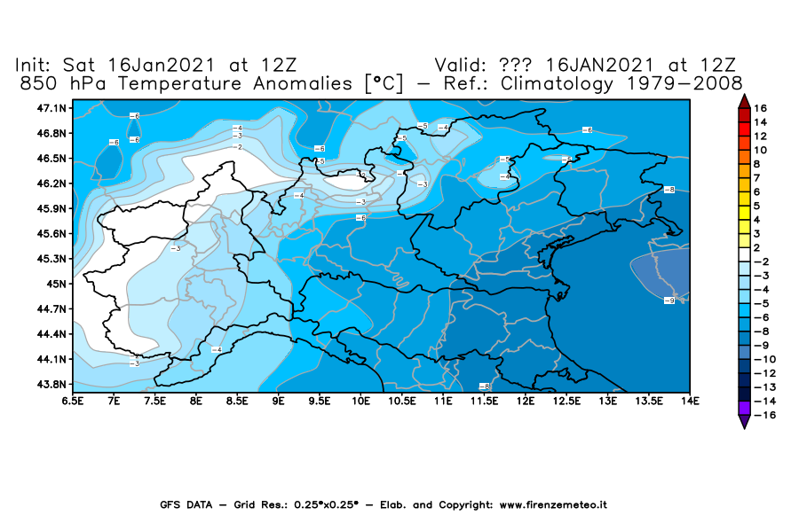 Mappa di analisi GFS - Anomalia Temperatura [°C] a 850 hPa in Nord-Italia
							del 16/01/2021 12 <!--googleoff: index-->UTC<!--googleon: index-->