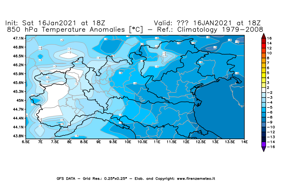 Mappa di analisi GFS - Anomalia Temperatura [°C] a 850 hPa in Nord-Italia
							del 16/01/2021 18 <!--googleoff: index-->UTC<!--googleon: index-->