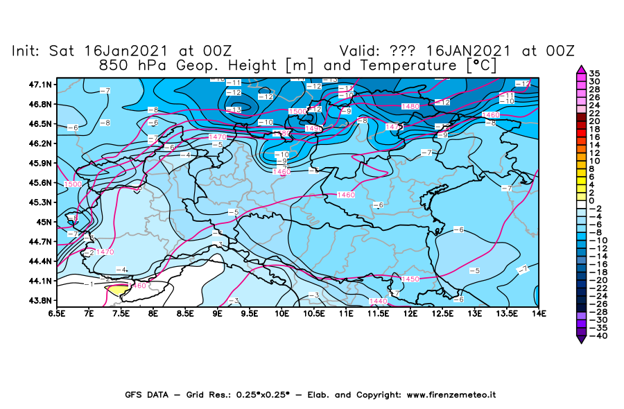 Mappa di analisi GFS - Geopotenziale [m] e Temperatura [°C] a 850 hPa in Nord-Italia
							del 16/01/2021 00 <!--googleoff: index-->UTC<!--googleon: index-->