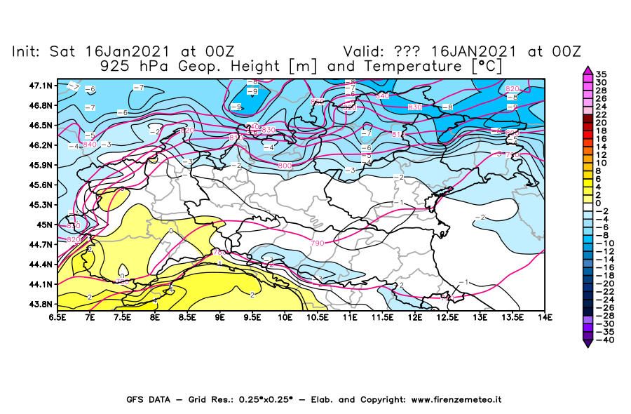 Mappa di analisi GFS - Geopotenziale [m] e Temperatura [°C] a 925 hPa in Nord-Italia
							del 16/01/2021 00 <!--googleoff: index-->UTC<!--googleon: index-->