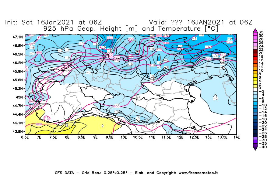 Mappa di analisi GFS - Geopotenziale [m] e Temperatura [°C] a 925 hPa in Nord-Italia
							del 16/01/2021 06 <!--googleoff: index-->UTC<!--googleon: index-->