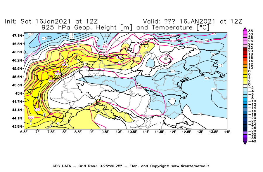 Mappa di analisi GFS - Geopotenziale [m] e Temperatura [°C] a 925 hPa in Nord-Italia
							del 16/01/2021 12 <!--googleoff: index-->UTC<!--googleon: index-->