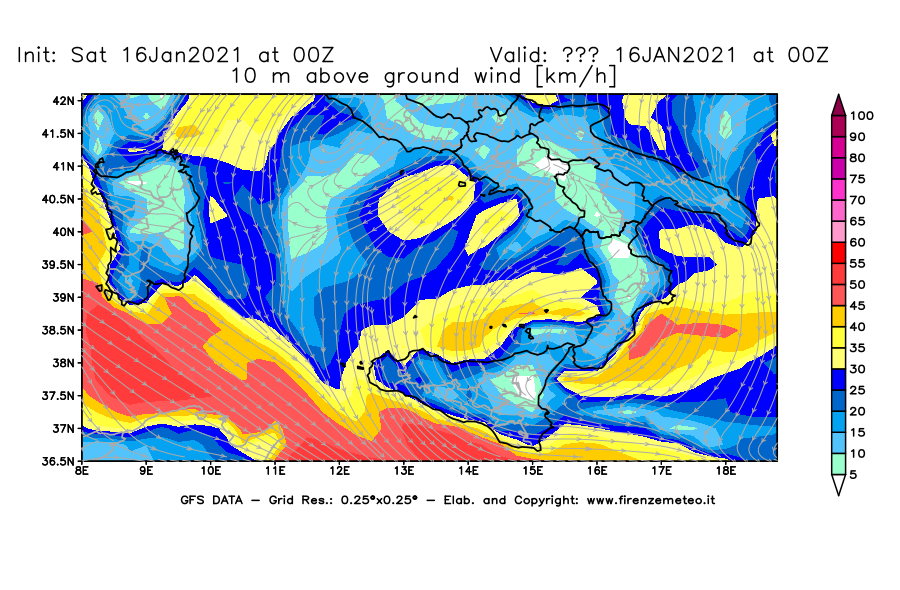 Mappa di analisi GFS - Velocità del vento a 10 metri dal suolo [km/h] in Sud-Italia
							del 16/01/2021 00 <!--googleoff: index-->UTC<!--googleon: index-->
