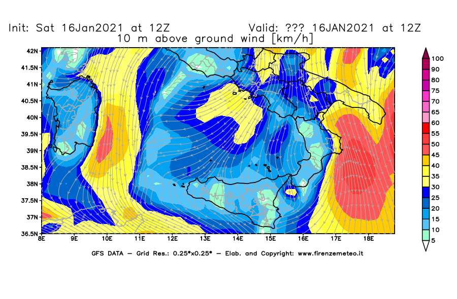 Mappa di analisi GFS - Velocità del vento a 10 metri dal suolo [km/h] in Sud-Italia
							del 16/01/2021 12 <!--googleoff: index-->UTC<!--googleon: index-->