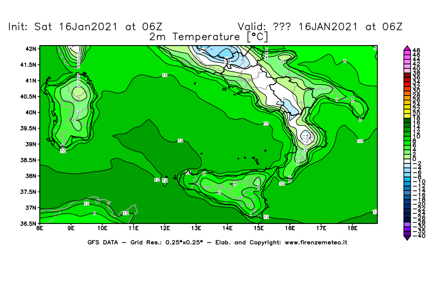 Mappa di analisi GFS - Temperatura a 2 metri dal suolo [°C] in Sud-Italia
							del 16/01/2021 06 <!--googleoff: index-->UTC<!--googleon: index-->