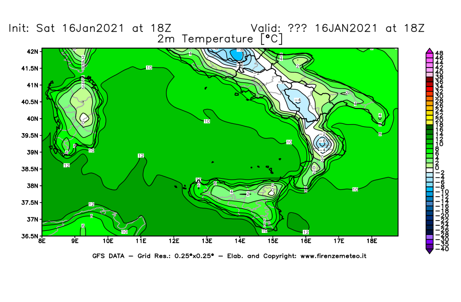 Mappa di analisi GFS - Temperatura a 2 metri dal suolo [°C] in Sud-Italia
							del 16/01/2021 18 <!--googleoff: index-->UTC<!--googleon: index-->