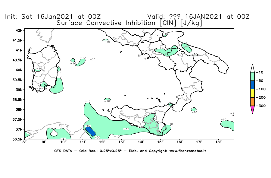 Mappa di analisi GFS - CIN [J/kg] in Sud-Italia
							del 16/01/2021 00 <!--googleoff: index-->UTC<!--googleon: index-->