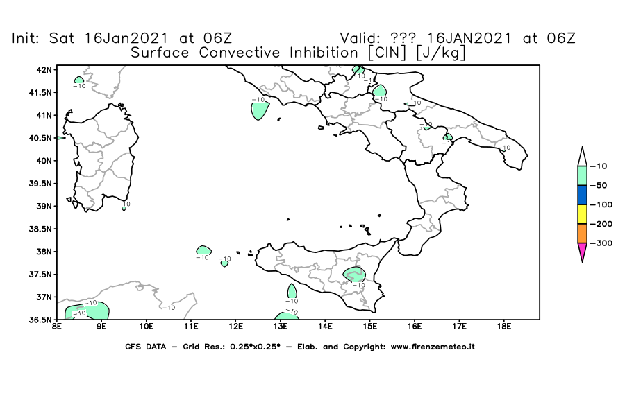 Mappa di analisi GFS - CIN [J/kg] in Sud-Italia
							del 16/01/2021 06 <!--googleoff: index-->UTC<!--googleon: index-->