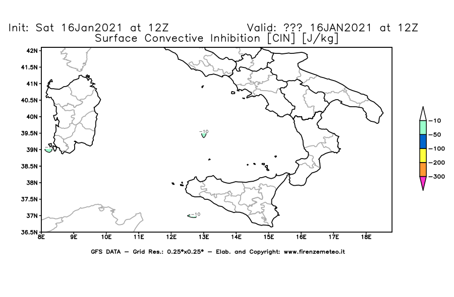 Mappa di analisi GFS - CIN [J/kg] in Sud-Italia
							del 16/01/2021 12 <!--googleoff: index-->UTC<!--googleon: index-->