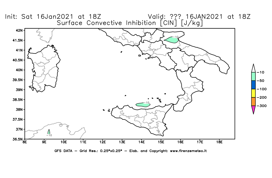 Mappa di analisi GFS - CIN [J/kg] in Sud-Italia
							del 16/01/2021 18 <!--googleoff: index-->UTC<!--googleon: index-->