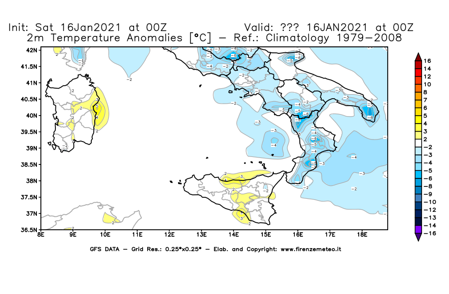 Mappa di analisi GFS - Anomalia Temperatura [°C] a 2 m in Sud-Italia
							del 16/01/2021 00 <!--googleoff: index-->UTC<!--googleon: index-->