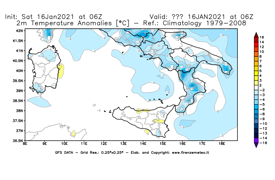 Mappa di analisi GFS - Anomalia Temperatura [°C] a 2 m in Sud-Italia
							del 16/01/2021 06 <!--googleoff: index-->UTC<!--googleon: index-->