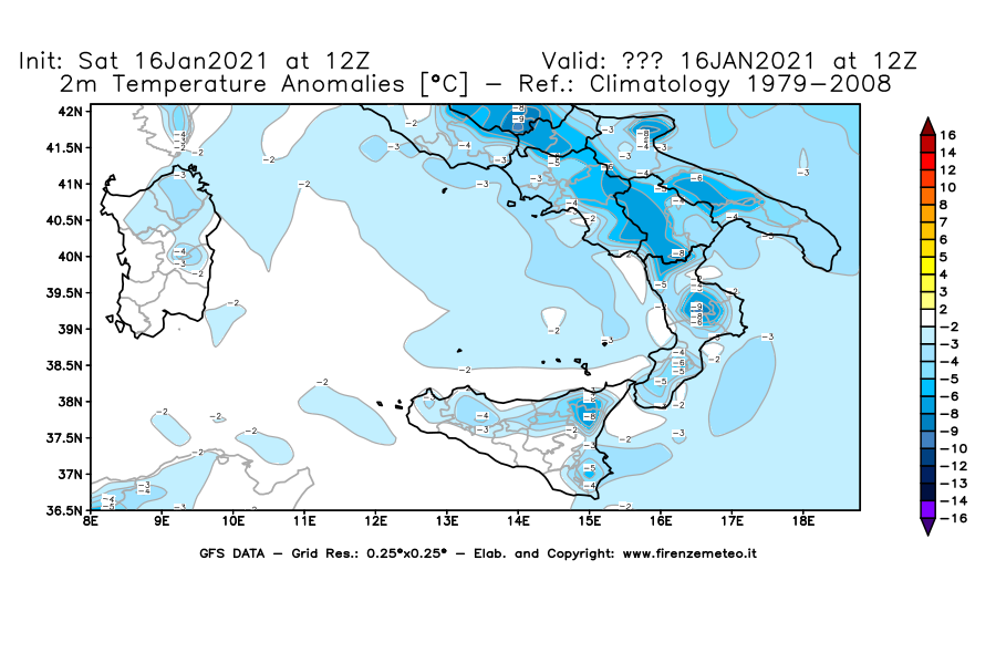 Mappa di analisi GFS - Anomalia Temperatura [°C] a 2 m in Sud-Italia
							del 16/01/2021 12 <!--googleoff: index-->UTC<!--googleon: index-->
