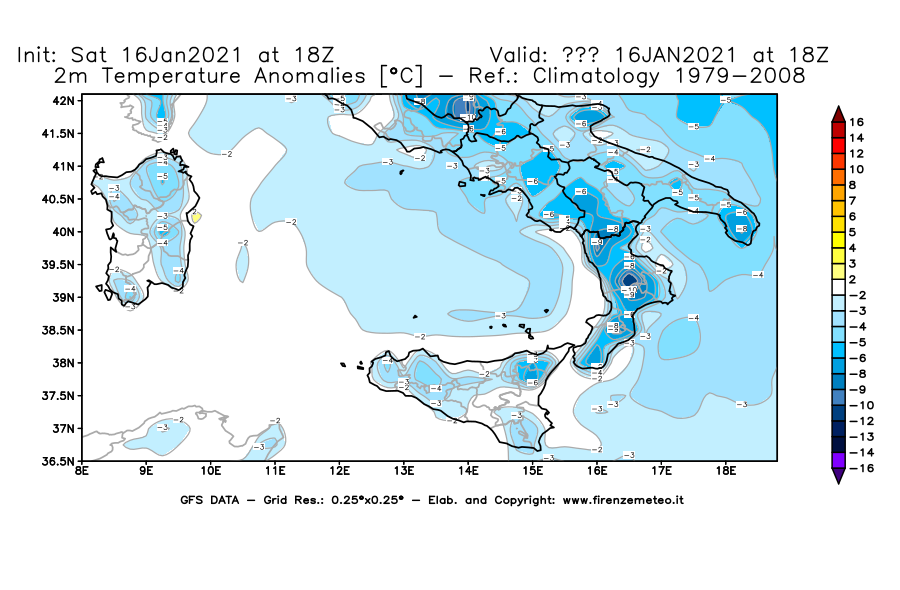 Mappa di analisi GFS - Anomalia Temperatura [°C] a 2 m in Sud-Italia
							del 16/01/2021 18 <!--googleoff: index-->UTC<!--googleon: index-->