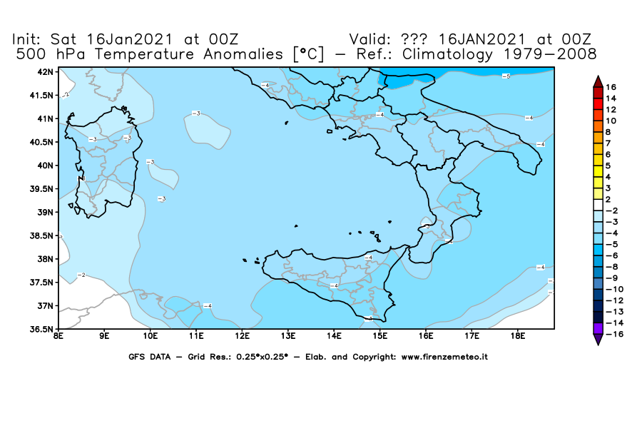 Mappa di analisi GFS - Anomalia Temperatura [°C] a 500 hPa in Sud-Italia
							del 16/01/2021 00 <!--googleoff: index-->UTC<!--googleon: index-->