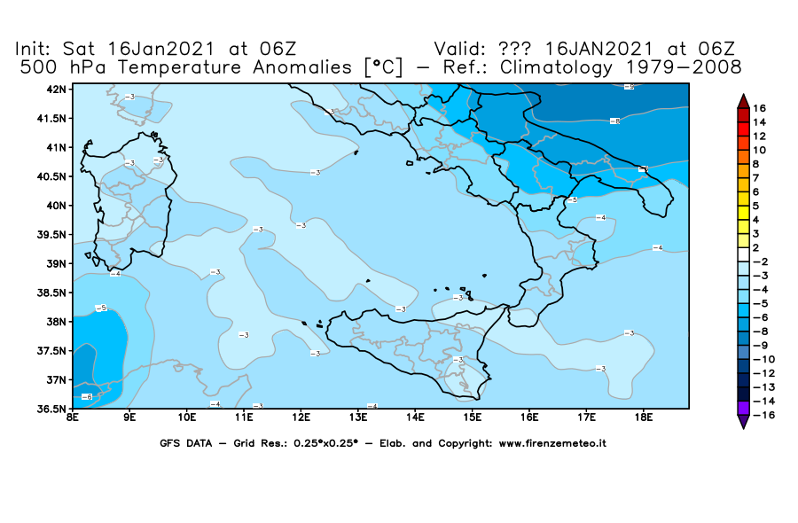 Mappa di analisi GFS - Anomalia Temperatura [°C] a 500 hPa in Sud-Italia
							del 16/01/2021 06 <!--googleoff: index-->UTC<!--googleon: index-->