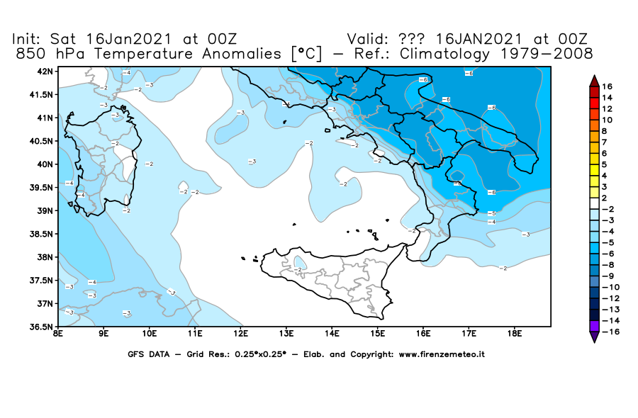 Mappa di analisi GFS - Anomalia Temperatura [°C] a 850 hPa in Sud-Italia
							del 16/01/2021 00 <!--googleoff: index-->UTC<!--googleon: index-->