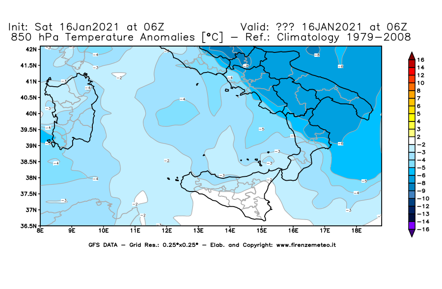 Mappa di analisi GFS - Anomalia Temperatura [°C] a 850 hPa in Sud-Italia
							del 16/01/2021 06 <!--googleoff: index-->UTC<!--googleon: index-->