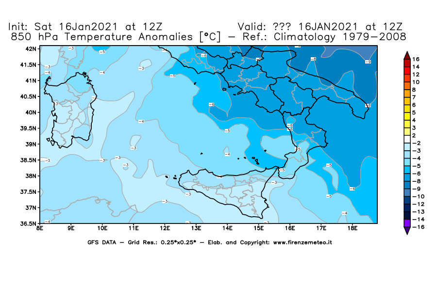 Mappa di analisi GFS - Anomalia Temperatura [°C] a 850 hPa in Sud-Italia
							del 16/01/2021 12 <!--googleoff: index-->UTC<!--googleon: index-->